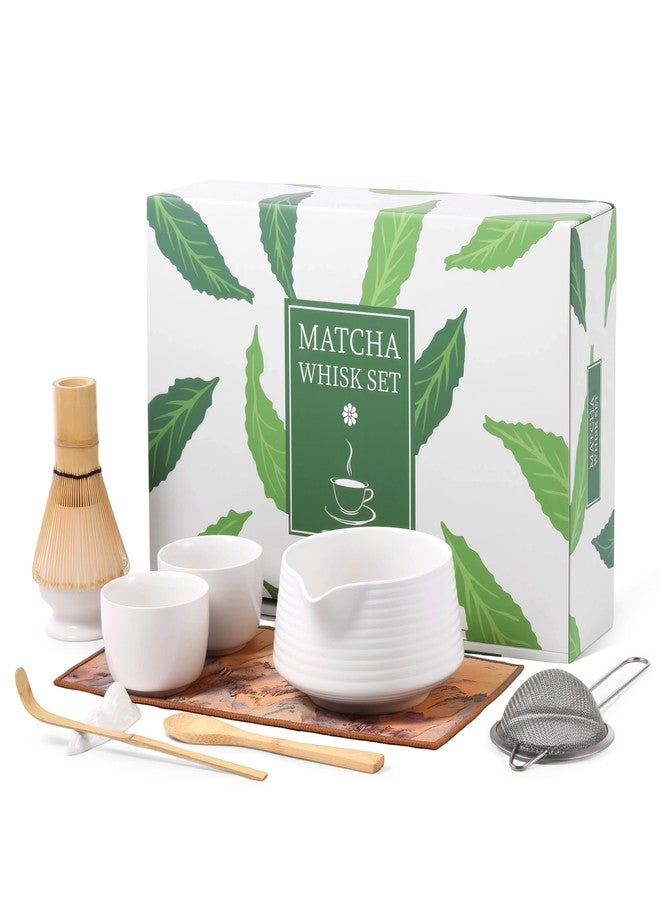 HELPLEX HELPLX Matcha Whisk Set 10-Piece Japanese Matcha Kit with BowlWhisk & Holder2 Tea CupsBamboo ScoopSpoonSifterScoop Rest & Tea Towel - White Matcha Tea Set for Ceremony or Daily Use - Image 1